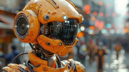 Robot humanoid with helmet with screen with blurred street background.