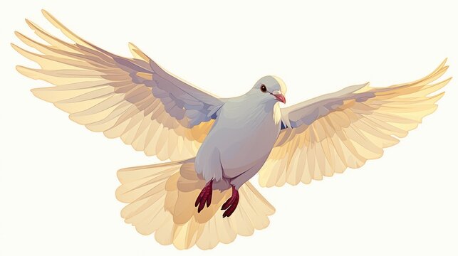 A stunning albino dove gracefully soars showcasing its expansive wings in a charming cartoon image set against a pure white backdrop a tiny yet powerful emblem of love
