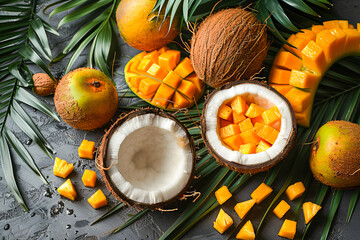 Tropical fruit delight with coconuts and mango