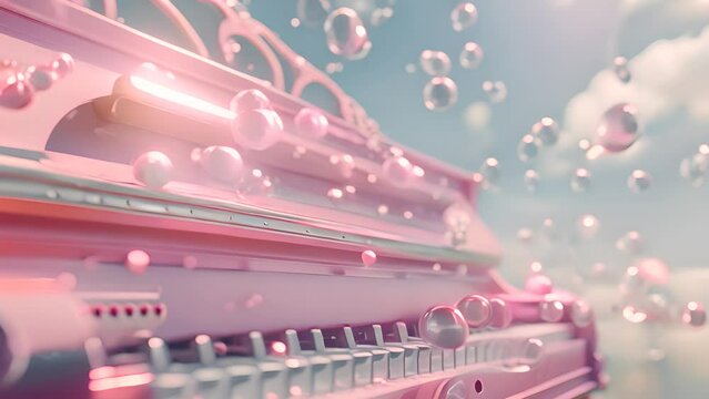 Pink Piano and Soap Bubbles Against Blue Sky with Ai generated.
