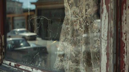 A wedding dress made of tattered lace and adorned with starshaped sequins hangs in the window of a deserted general store. .