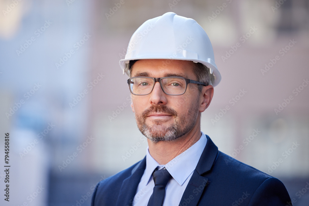 Poster Portrait, businessman and engineer with suit in city as project manager in construction in Berlin. Male person, professional and building, industry and hardhat in Germany for development in property