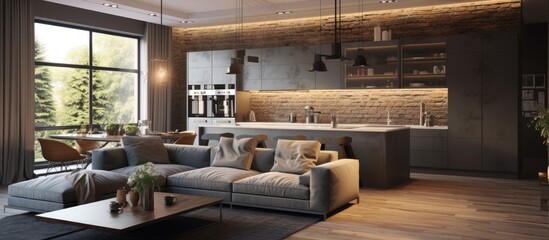 House interior with hardwood flooring, couch, coffee table, and kitchen