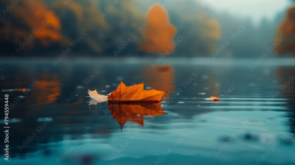 Poster leaf floating in lake with forest backdrop