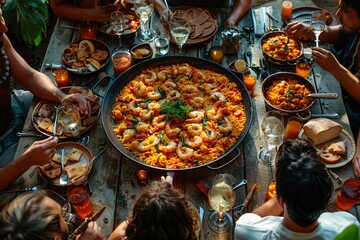 Group enjoying paella dish, made with fresh ingredients and cooked to perfection
