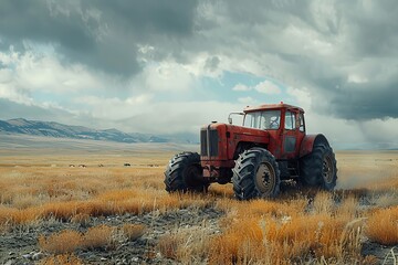 Red tractor parked in field, mountains in background