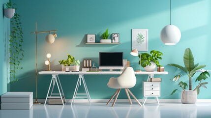 Creative Workspace Concept - Hyper-Realistic 2D Illustration of Office Environment with Copy Space for Text.