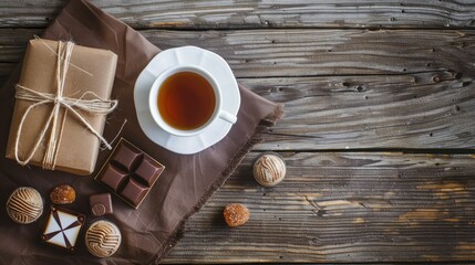 A charming Father s Day greeting card featuring a tea or coffee cup a gift box and some delicious candies set against a rustic wooden backdrop