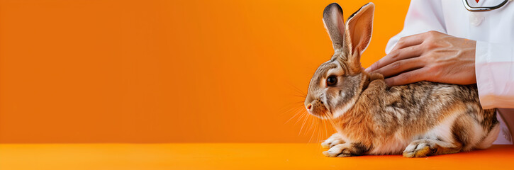 Rabbit chiropractic session web banner. Rabbit being assessed by animal chiropractor on orange background. - obrazy, fototapety, plakaty