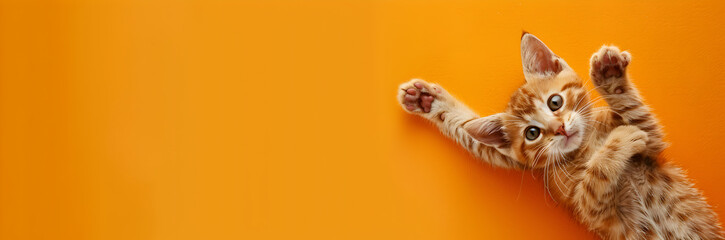 Playful kitten animal shelter volunteer banner. Energetic kitten on orange background with space for text. - obrazy, fototapety, plakaty