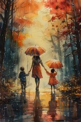 A mom holding hands with kids in the rain in a watercolor style illustration. They are walking down a path with trees. 