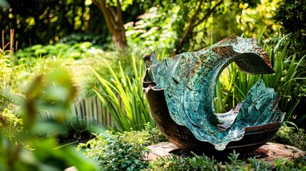 An abstract garden sculpture, its surfaces a riot of textures and hues, engaging observers in a visual dialogue with nature.