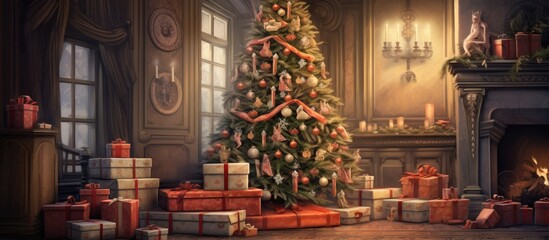 Obraz premium A Christmas tree in a room with presents, fireplace, and a cozy facade