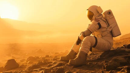 An astronaut captures a moment of solitude on Mars, the misty landscape a canvas for humanity's interstellar ambitions.