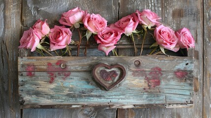 Valentine s Day is right around the corner with a charming display of pink roses adorning a rustic wooden hearth nestled in a quaint wooden box - obrazy, fototapety, plakaty