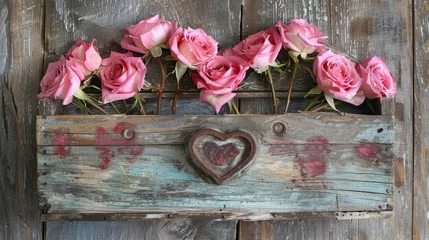 Foto op Canvas Valentine s Day is right around the corner with a charming display of pink roses adorning a rustic wooden hearth nestled in a quaint wooden box © 2rogan