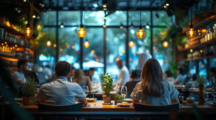 Blurred background of people sitting at restaurant, bar or night club with colorful lights bokeh. Abstract defocused blur background. - Powered by Adobe