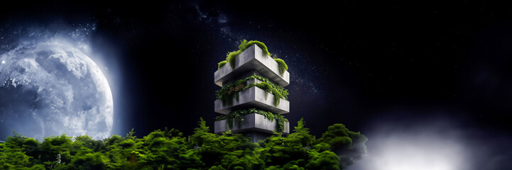 concrete brutalist building with green vegetation on facades