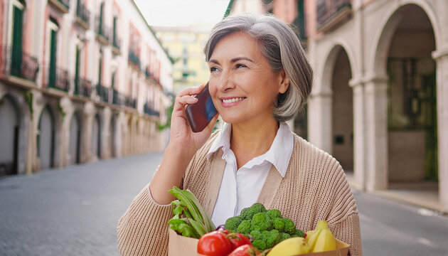 donna pensionata al telefono con busta della spesa 