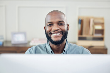 Portrait, office and black man at desk, computer and employee at corporate company. Technology, lawyer and smile for happy male person, attorney and law firm for business research for legal case - obrazy, fototapety, plakaty