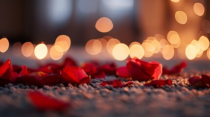 Rose petals tered on the carpet add a romantic touch invoking feelings of love and passion. . - obrazy, fototapety, plakaty