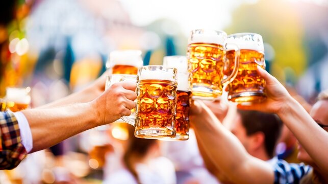 An immersive view of the Oktoberfest in Munich, with festival-goers in traditional lederhosen and dirndls clinking steins of beer.