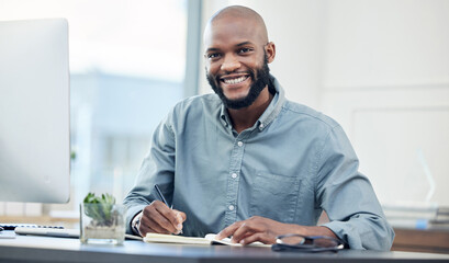 Businessman, desk and notebook in portrait with smile in office with planning for creative project....