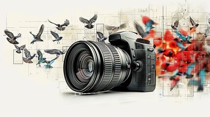 Camera with abstract background of birds.
