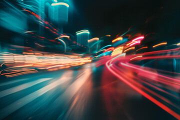 Abstract light trails background, multicolored traffic lines in big city.