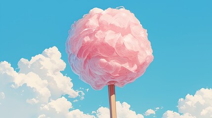 Delicious pink cotton candy on a wooden stick