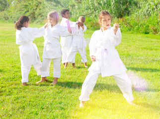 Naklejka na ściany i meble Little girl make karate exercises in summer park