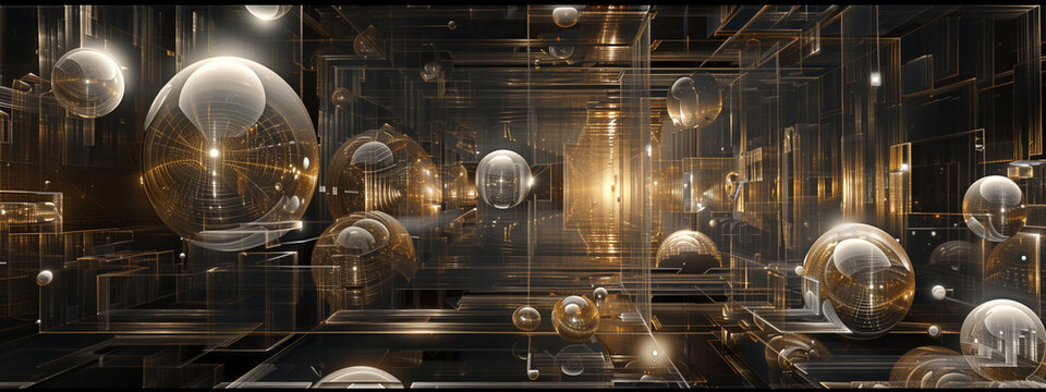 Step into an ethereal realm of endless possibilities: an infinite room adorned with translucent shapes, bathed in warm shades of brown, casting mesmerizing reflections.