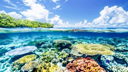 Crystal-clear waters revealing a vibrant coral reef, a hidden underwater world alive with color and mystery.