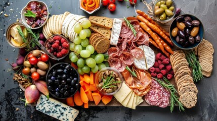 A beautifully arranged charcuterie board, but with vegan cheeses and meat alternatives, showcasing the creativity in plant-based cuisine.