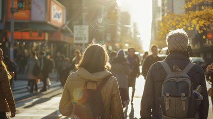 A candid capture of everyday city life, with people of various ages, ethnicities, and lifestyles crossing paths, highlighting the diversity of urban living.