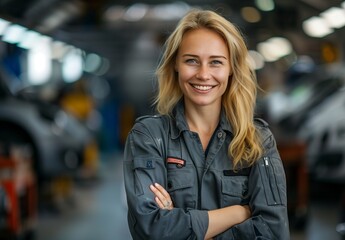 Obraz premium Blonde woman in blue workwear and a grey apron, standing with her arms crossed looking at the camera smiling while working on an open car hood during a repair service at a workshop
