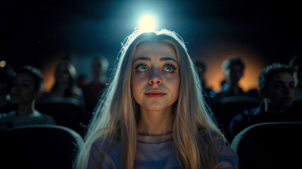 Happy smiling young woman watches a movie in the theatre