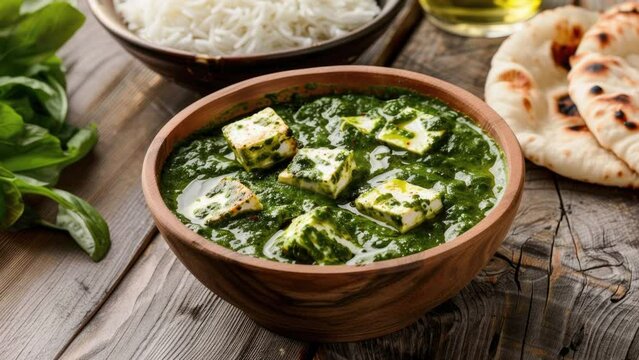 Zooming in on a Delicious Bowl of Indian Palak Panner on a Wooden Table with Rice and Naan