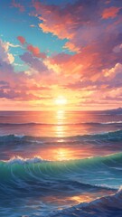 Realistic sunset over sea with ocean waves and nice sky portrait