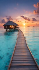 Obraz premium Maldives sunset with cloud and beautiful beach realistic style portrait