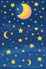 Obraz na płótnie Canvas yellow stars and moon with a smile on the dark blue sky