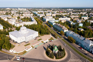 Aerial photo of Dzerzhinsk, Russian city in Nizhny Novgorod Oblast with view of Lenin avenue. - obrazy, fototapety, plakaty