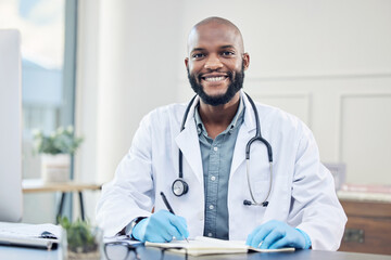 Doctor, portrait and clinic with smile, writing and record for prescription in healthcare as...