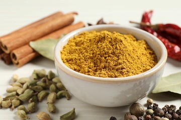 Curry powder in bowl and other spices on white wooden table, closeup