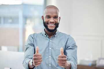 Businessman, office and thumbs up in portrait with smile for goal in work with winner or good news....
