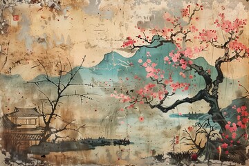 Antique Japanese poster landscape with sakura Illustration