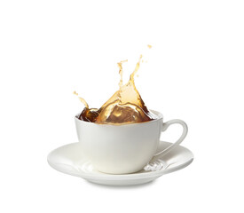 Cup with splashing coffee isolated on white - obrazy, fototapety, plakaty