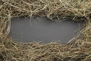 Frame made of dried hay on grey wooden table, top view. Space for text