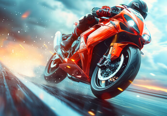 Superbike woman motorcycle rider on the road, dynamic concept motor art , high speed