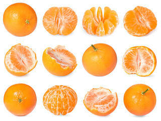 Juicy ripe tangerines isolated on white, set